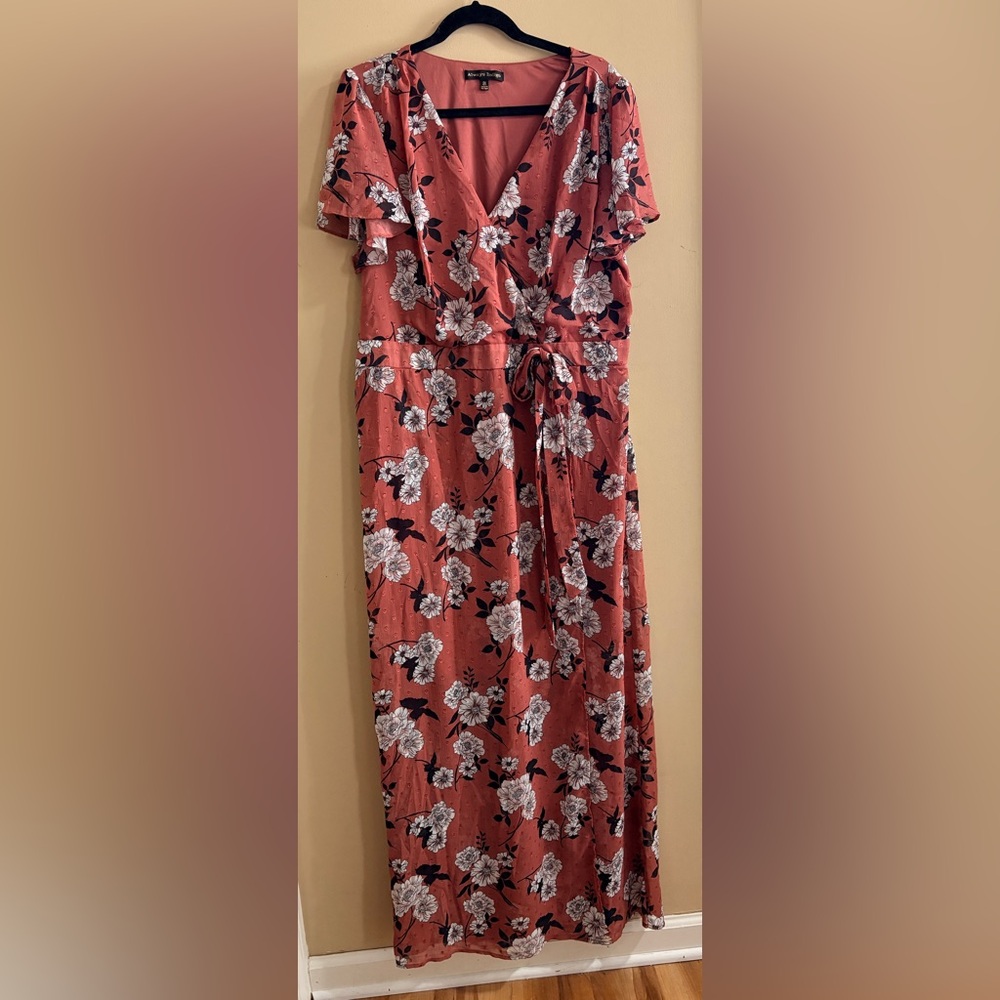 Faux Wrap Floral Maxi Dress - Rust Pink Floral 2X